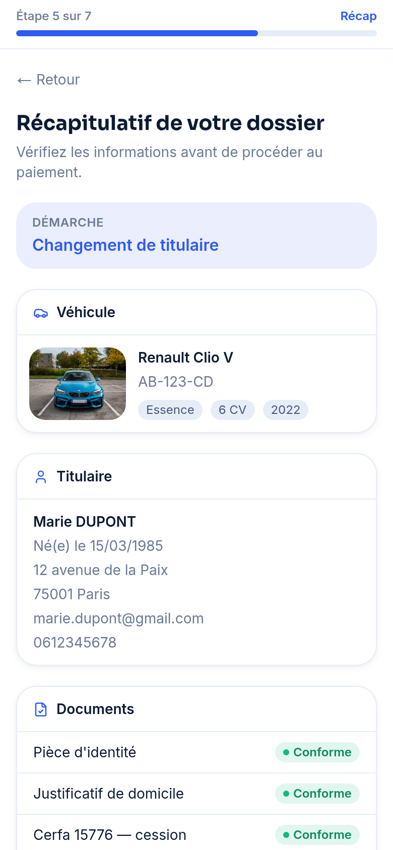 Étape 5 — Récapitulatif complet du dossier