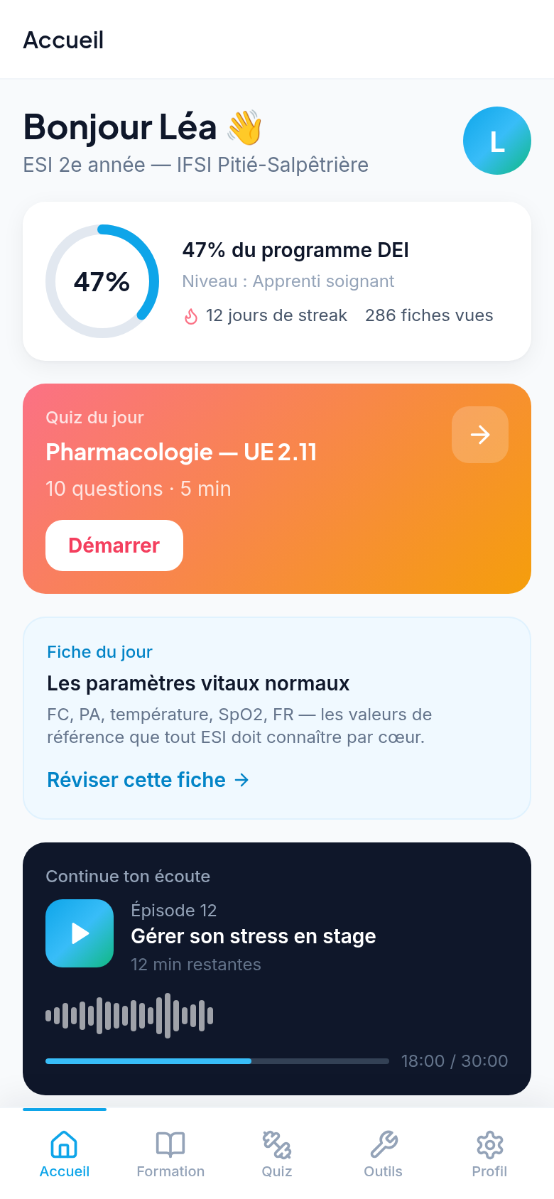 Accueil : progression et raccourcis du jour
