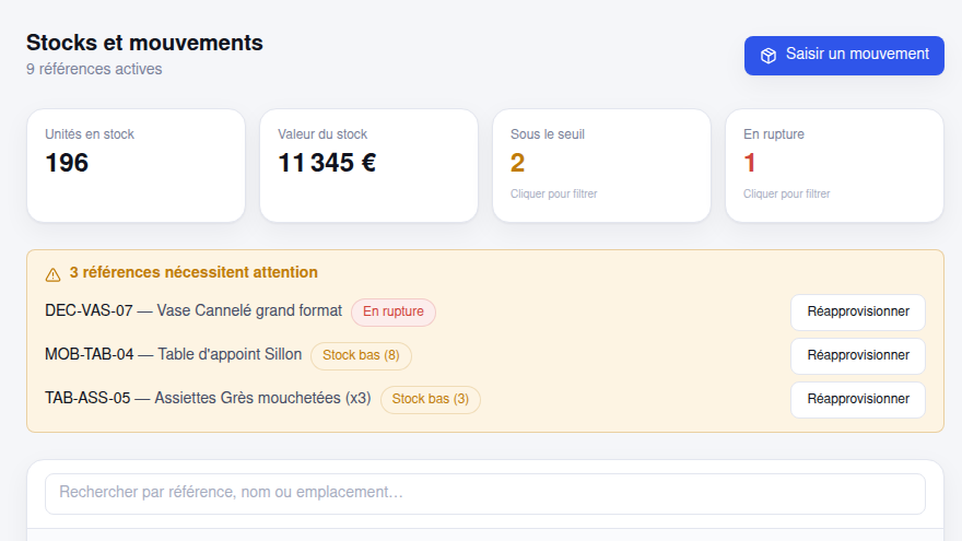 Alertes de stock calculées en direct