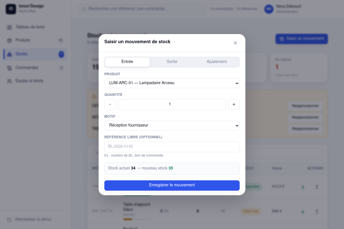 Saisie d'un mouvement avec calcul du nouveau stock