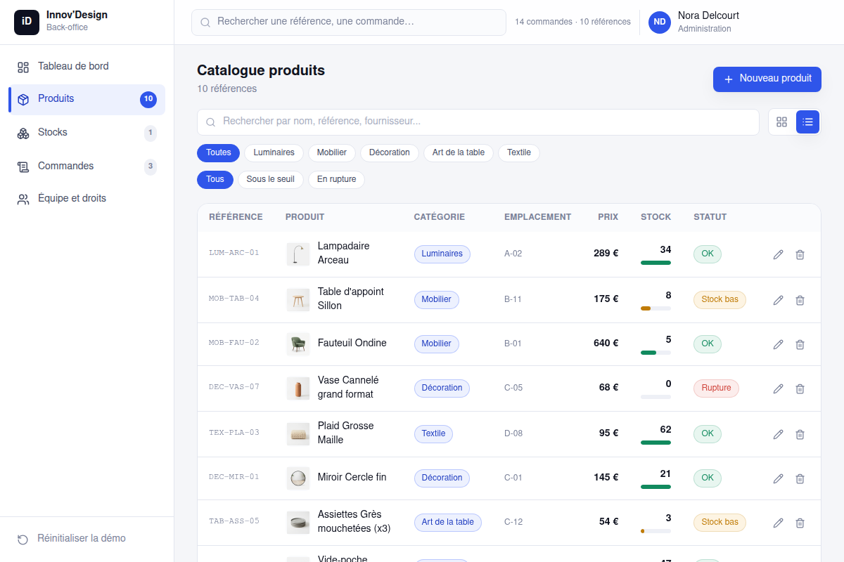 Catalogue produits en vue tableau