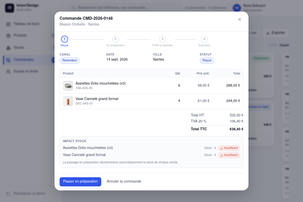 Fiche commande avec impact stock et workflow