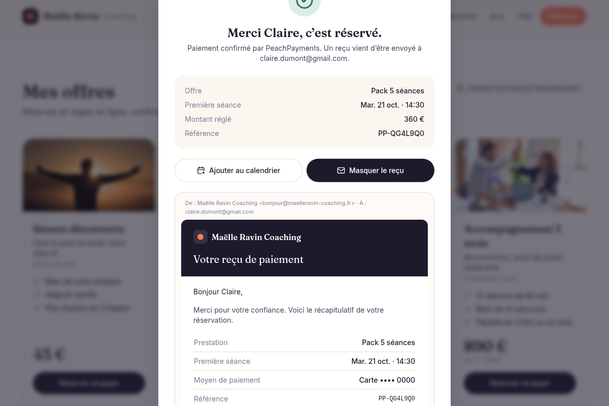 Confirmation de paiement et reçu envoyé