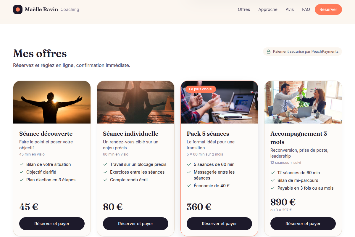 Offres de coaching et paiement sécurisé affiché
