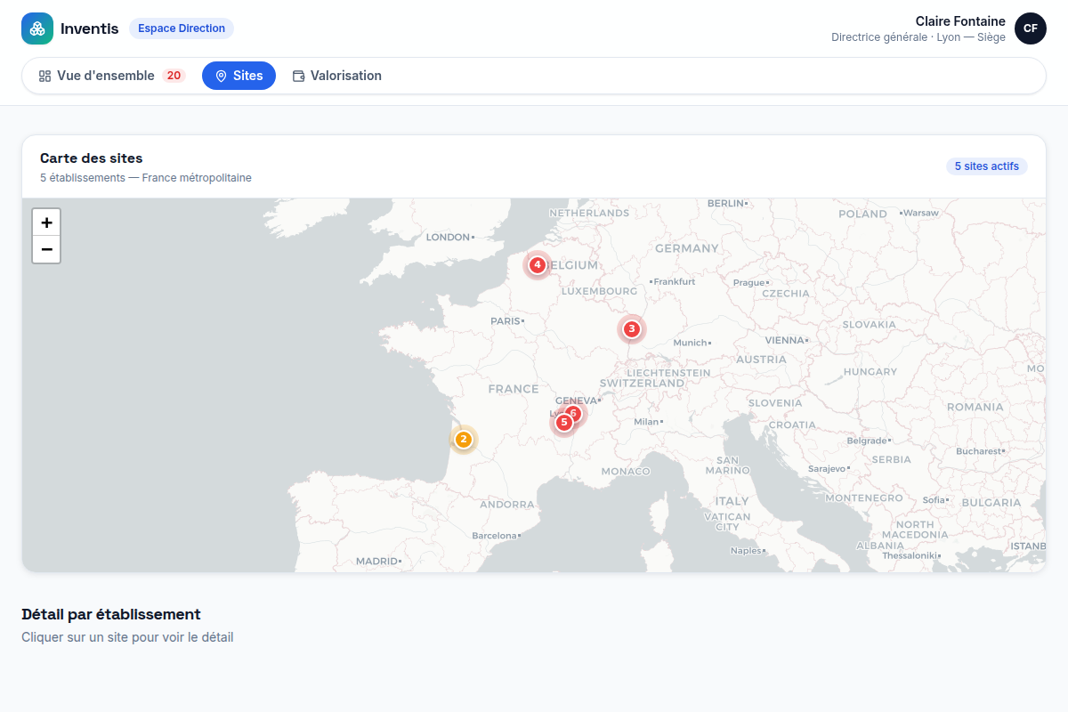 Carte des 5 établissements et détail par site