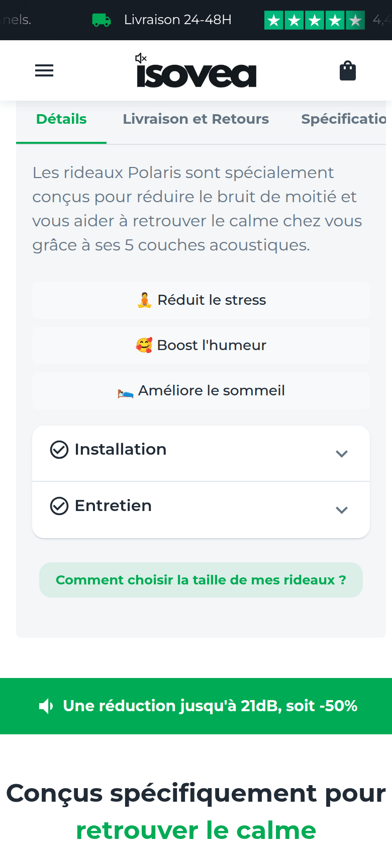 Onglets détails, livraison et spécifications