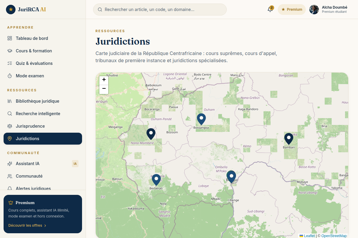 Carte des juridictions de Centrafrique