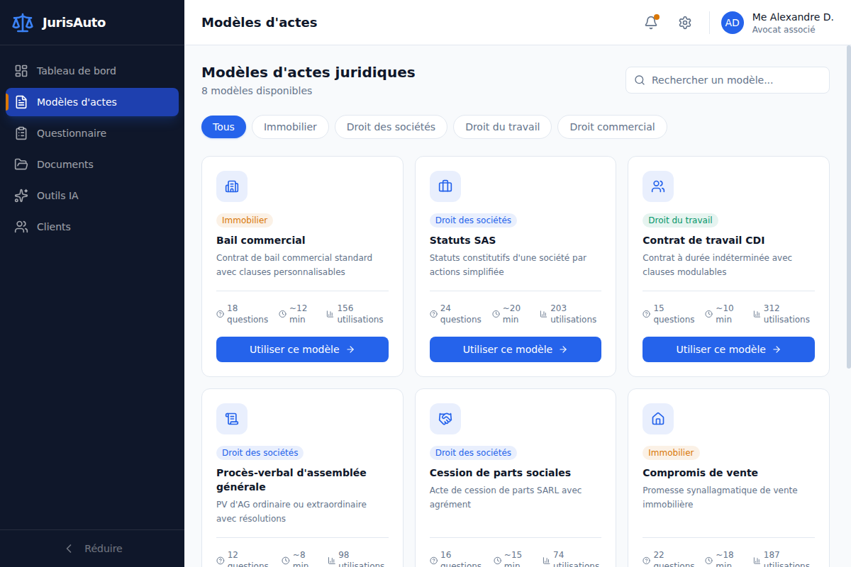 Bibliothèque de modèles d'actes filtrable