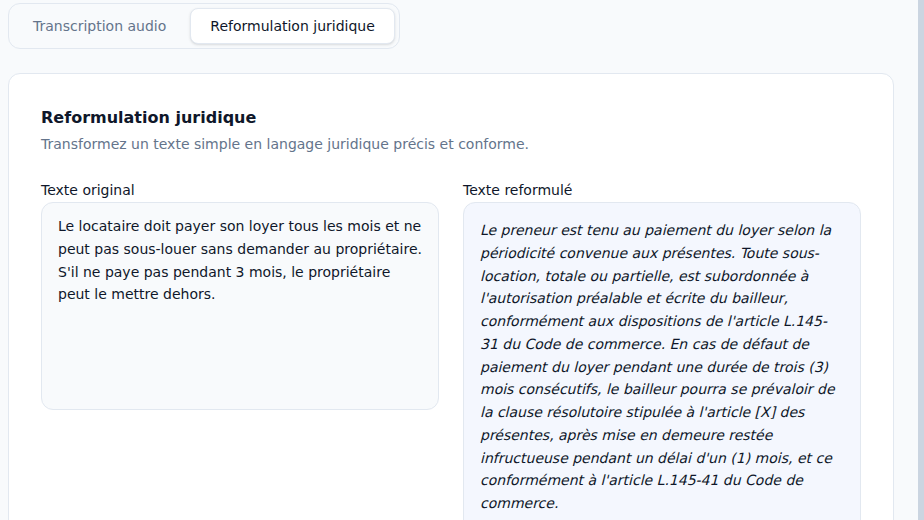 Reformulation IA en langage juridique