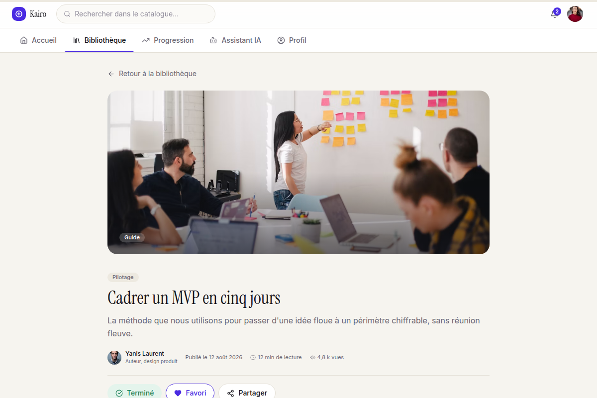 Lecture d'un guide avec barre de progression