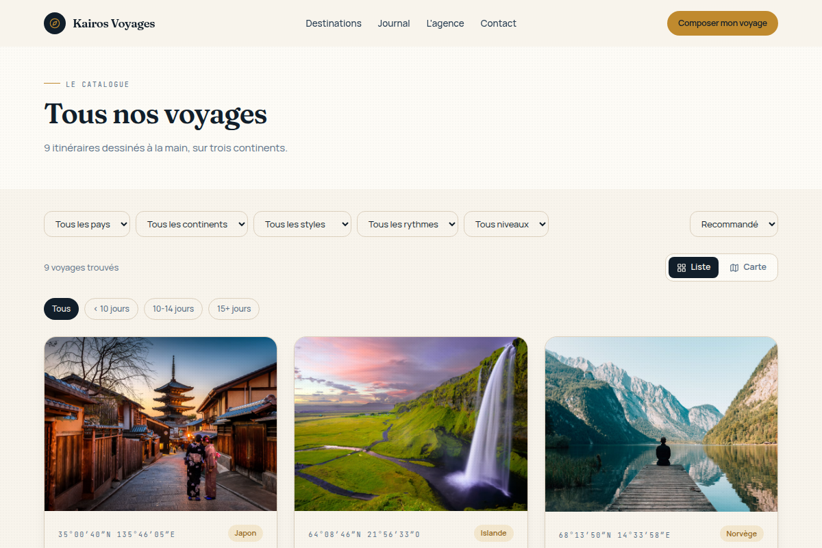 Catalogue filtrable des 11 voyages