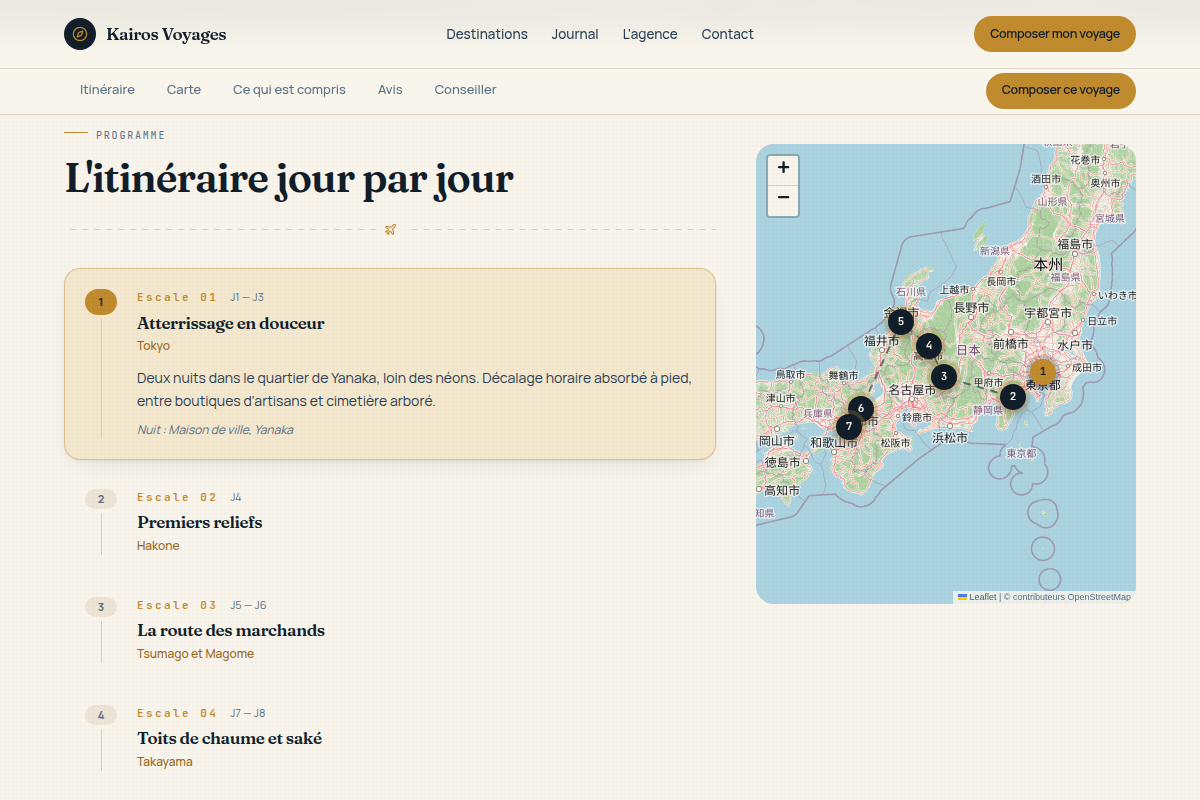 Fiche voyage : itinéraire et carte Leaflet