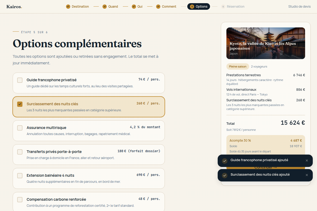 Options complémentaires et total ajusté
