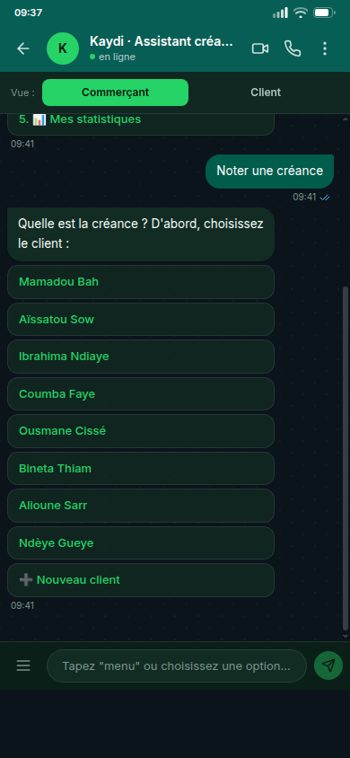 Choix du client pour noter une créance