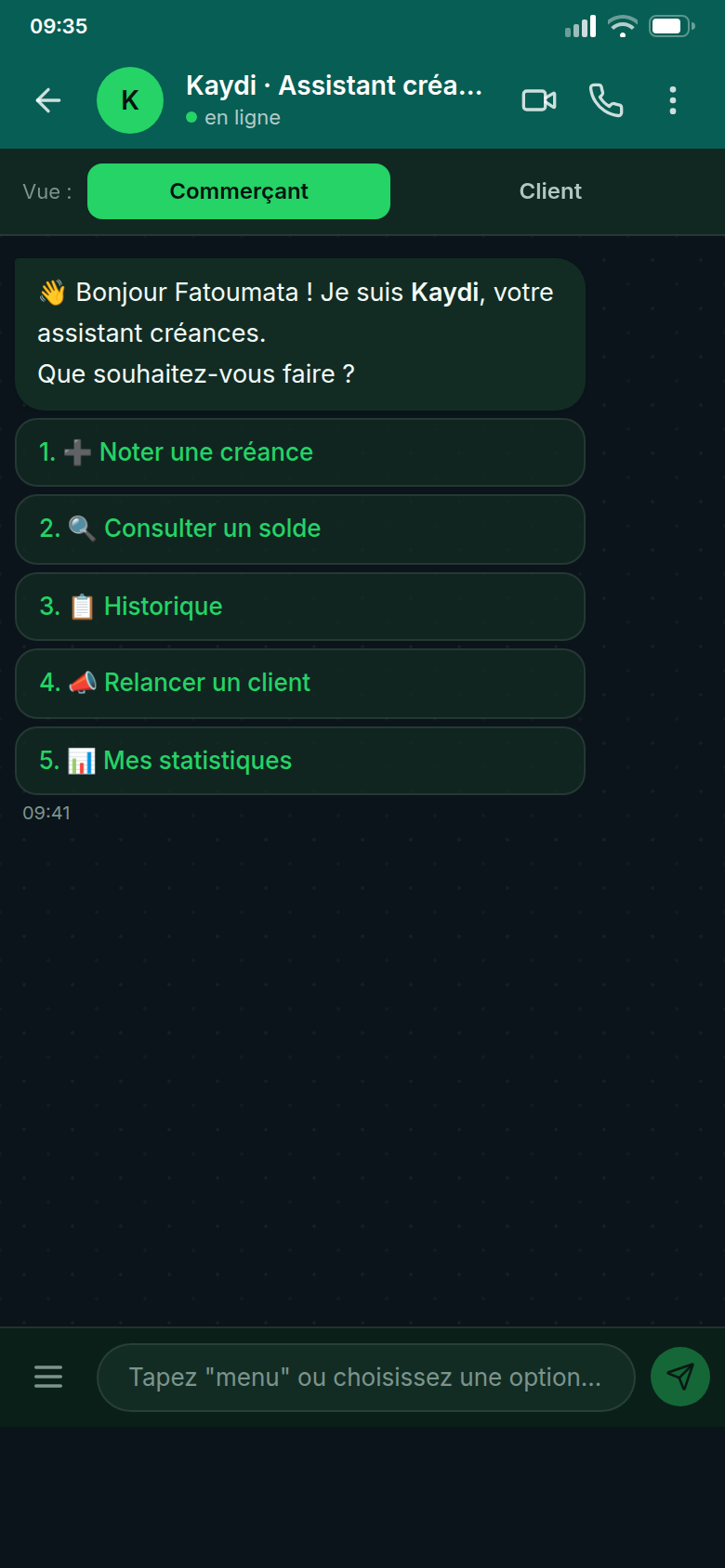 Menu à boutons du bot côté commerçant