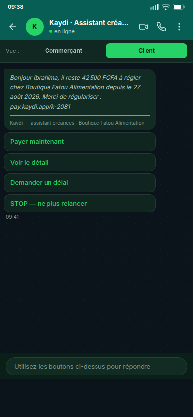 Message de relance reçu par le client