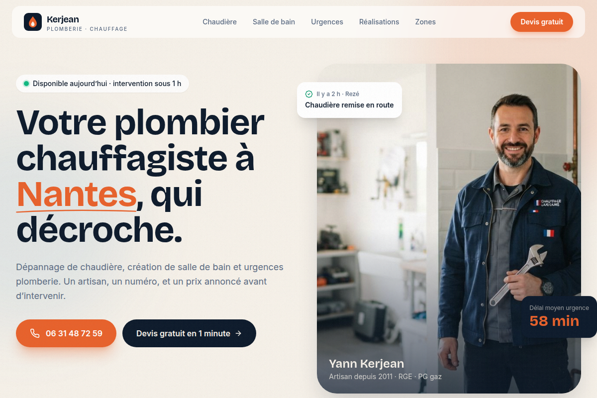 Accueil : hero et appel direct à l'artisan