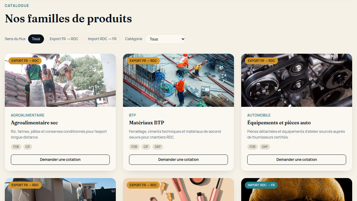 Filtrer par sens du flux, incoterms visibles