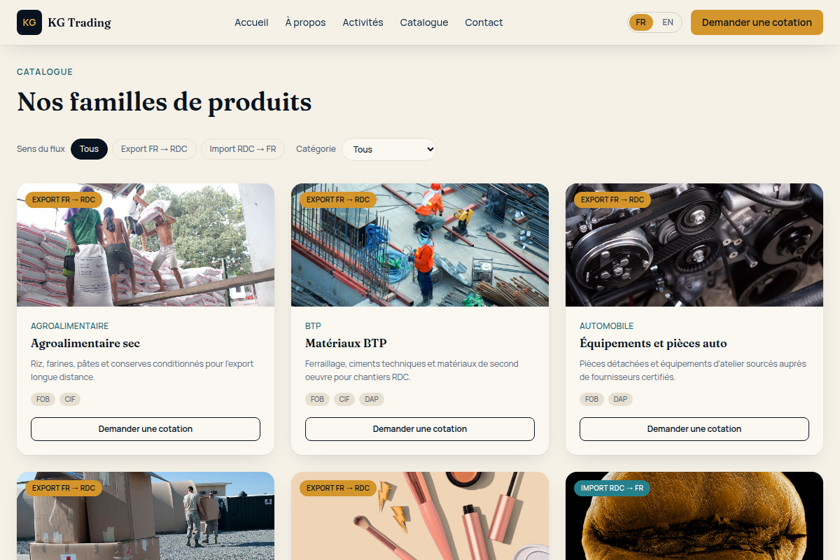 Catalogue filtrable par sens du flux et catégorie