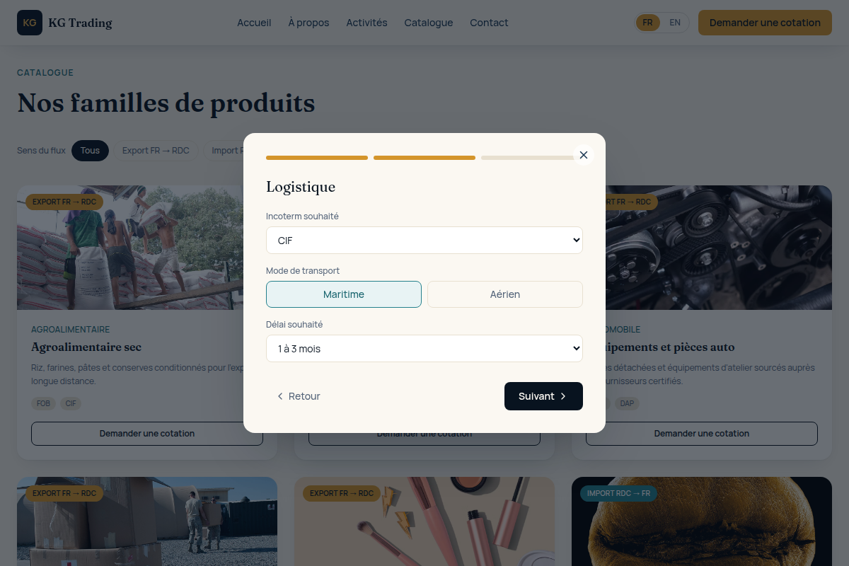 Demande de cotation guidée : étape logistique