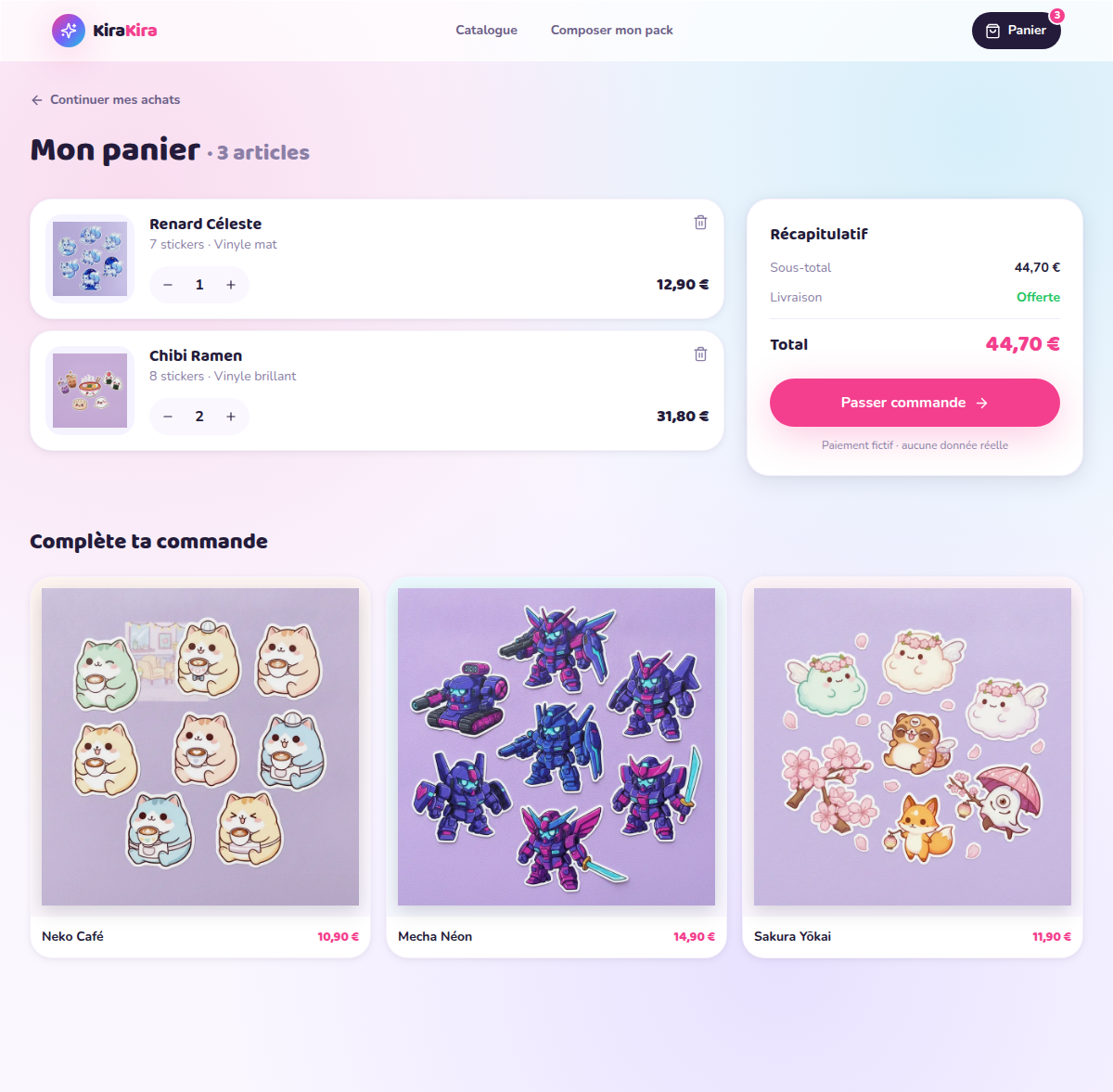 Panier 3 articles — récapitulatif et commande