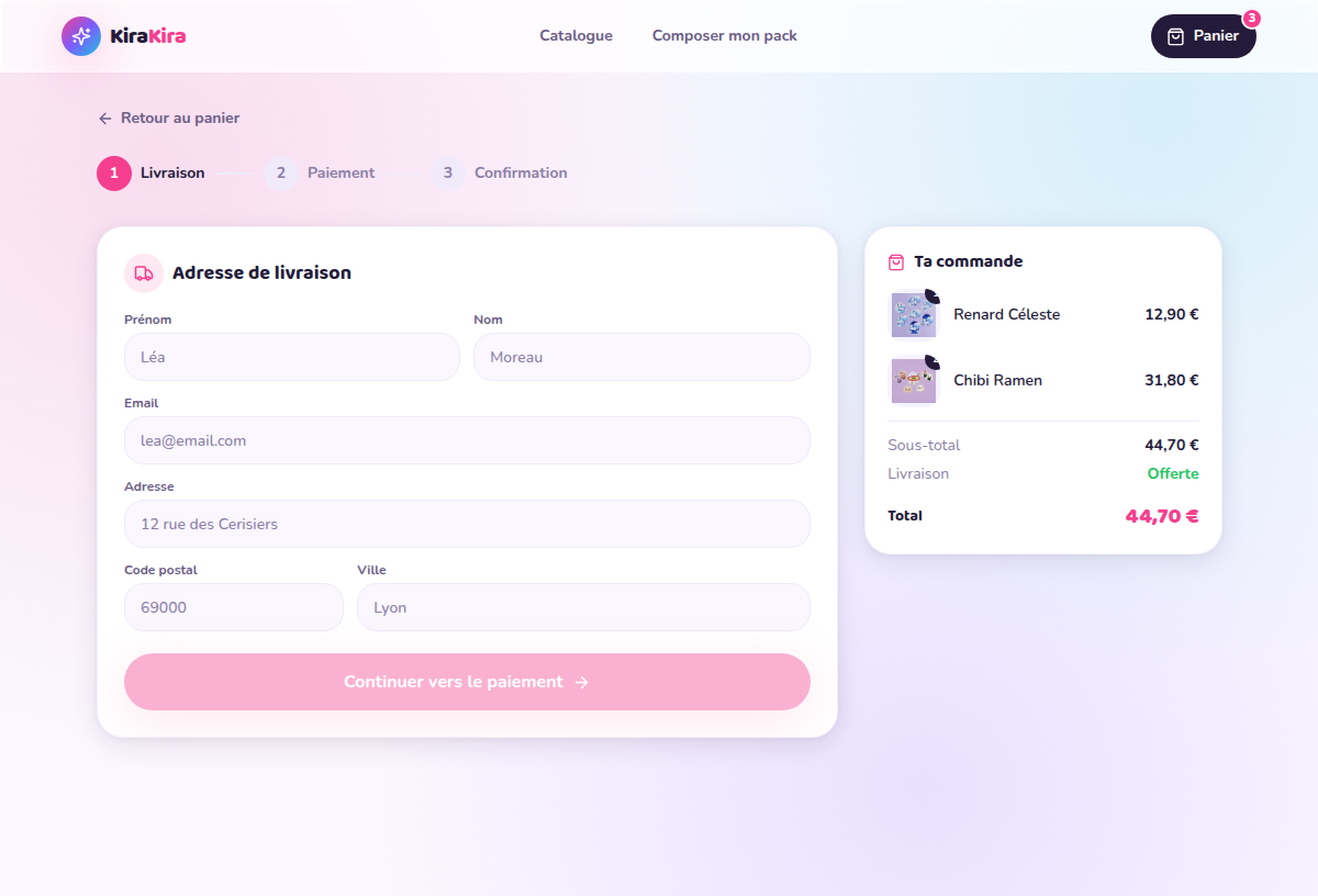 Checkout — étape livraison avec récap commande