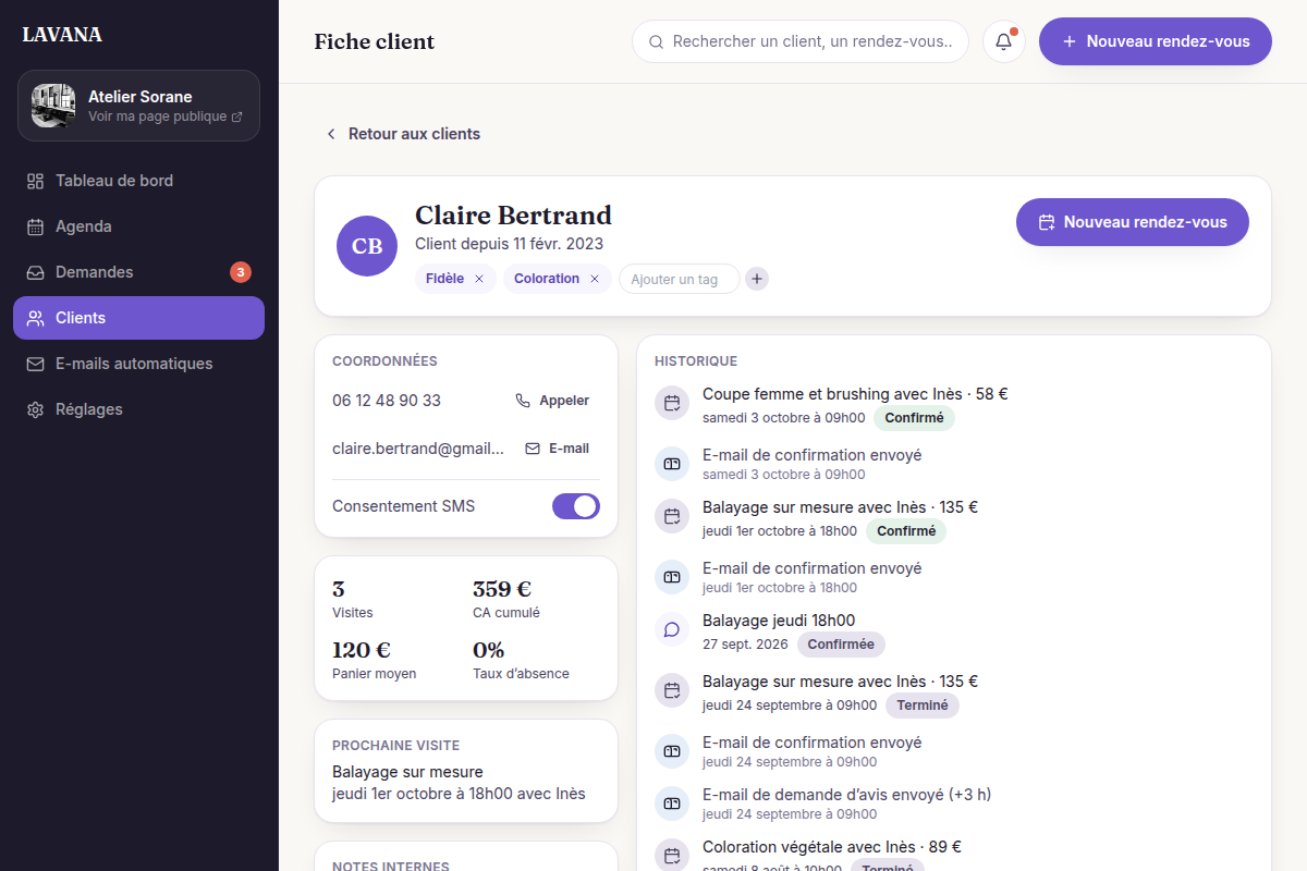 Fiche client : coordonnées, historique, notes