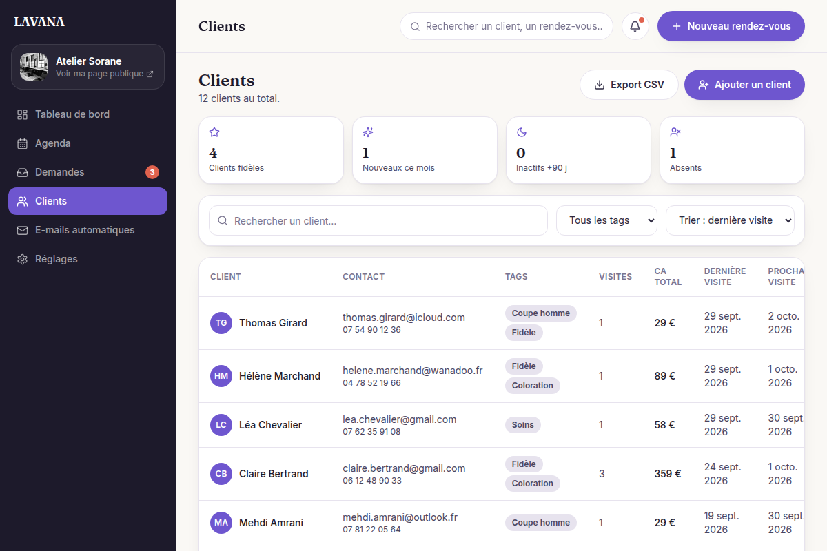 Liste des clients avec statuts et historique