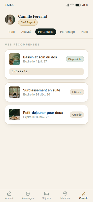 Portefeuille de récompenses obtenues