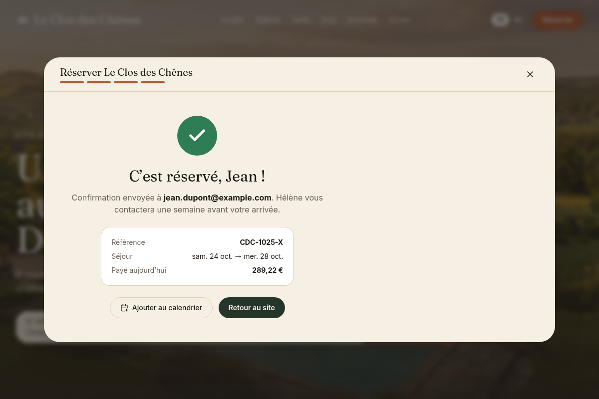 Confirmation de réservation avec référence