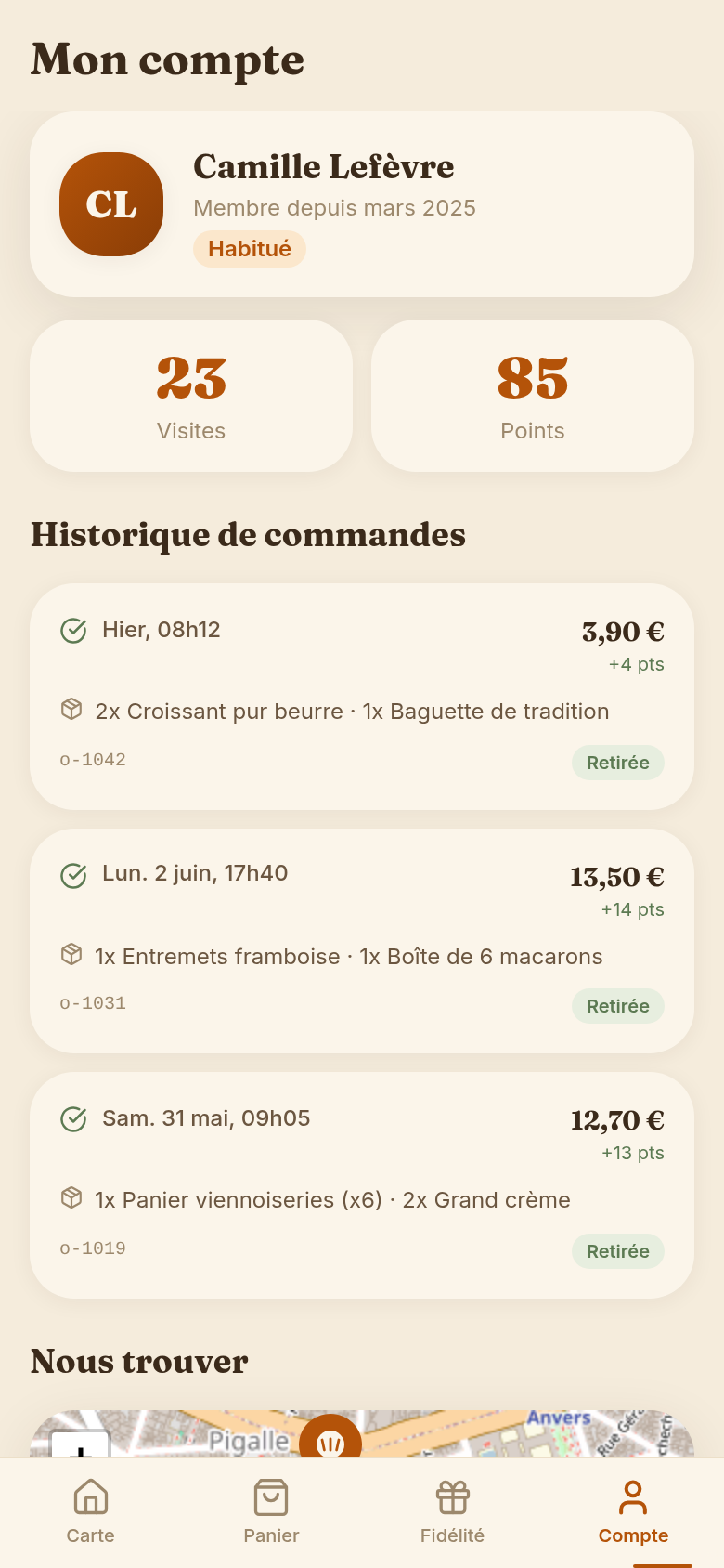 Compte : profil, visites et historique