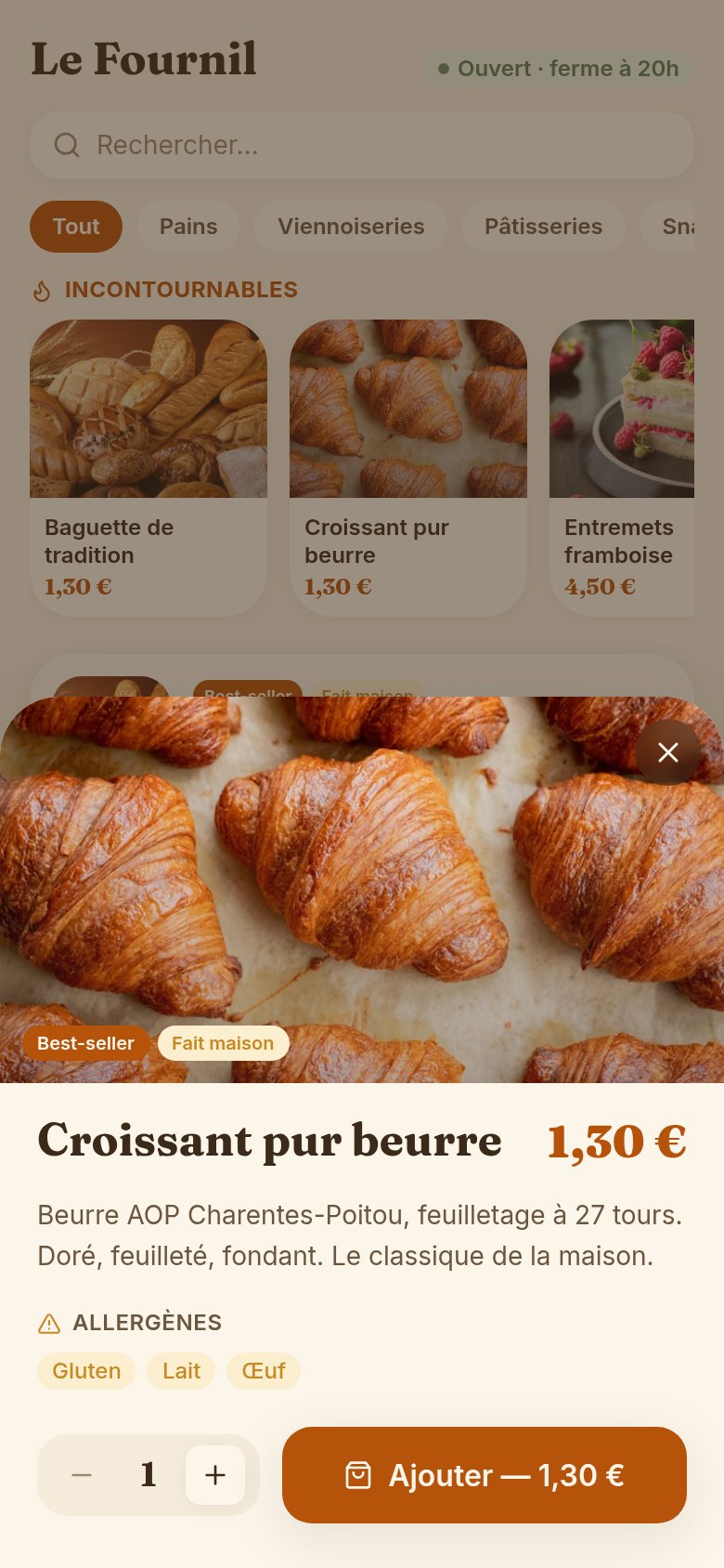 Fiche produit : détail, allergènes, ajout au panier