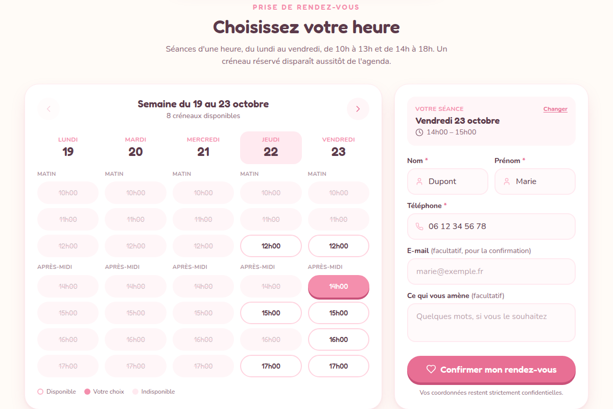 Créneau choisi, coordonnées en 3 champs