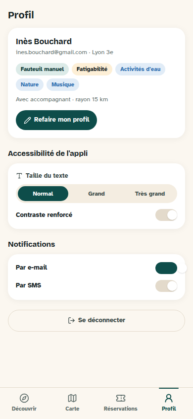Profil et réglages d'accessibilité