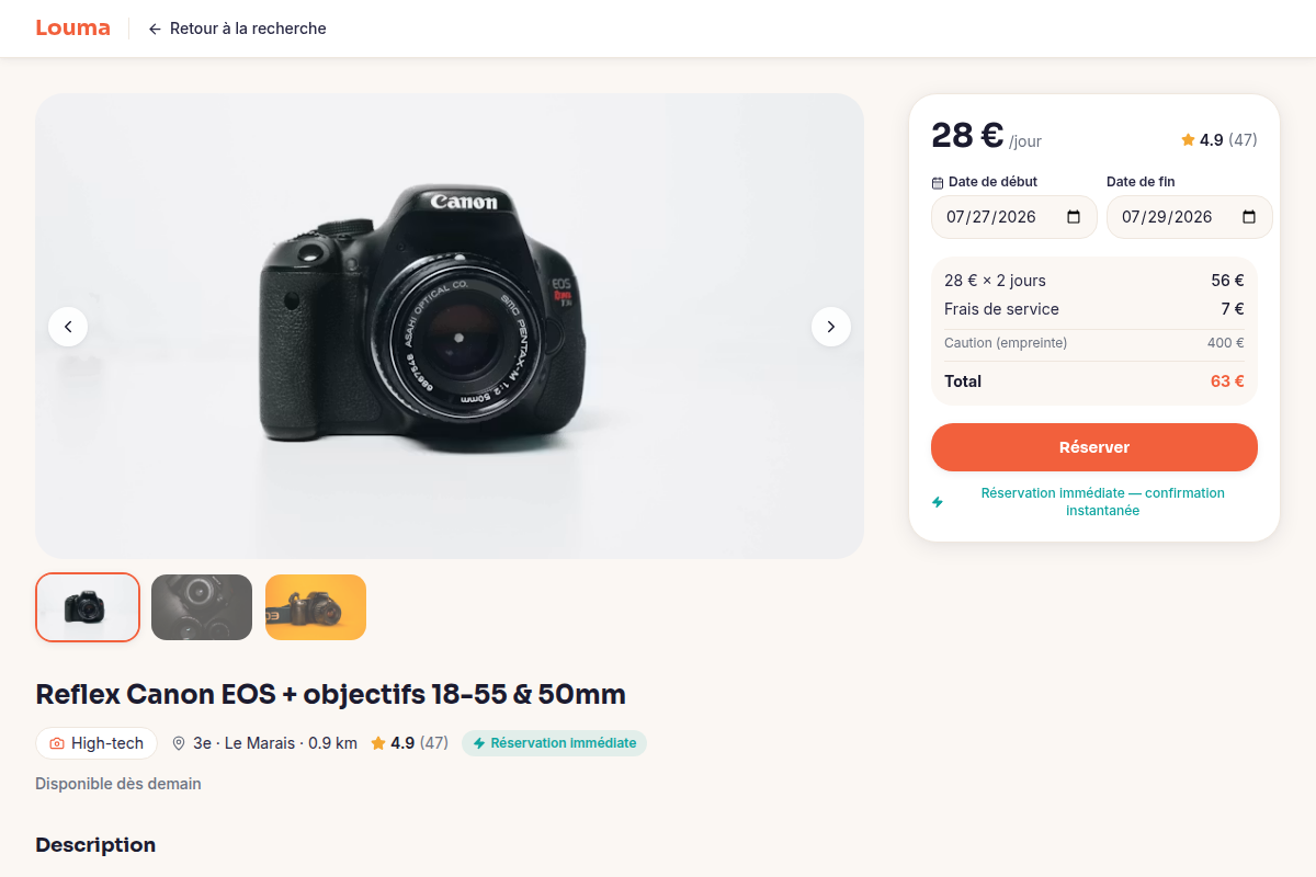 Fiche annonce avec réservation