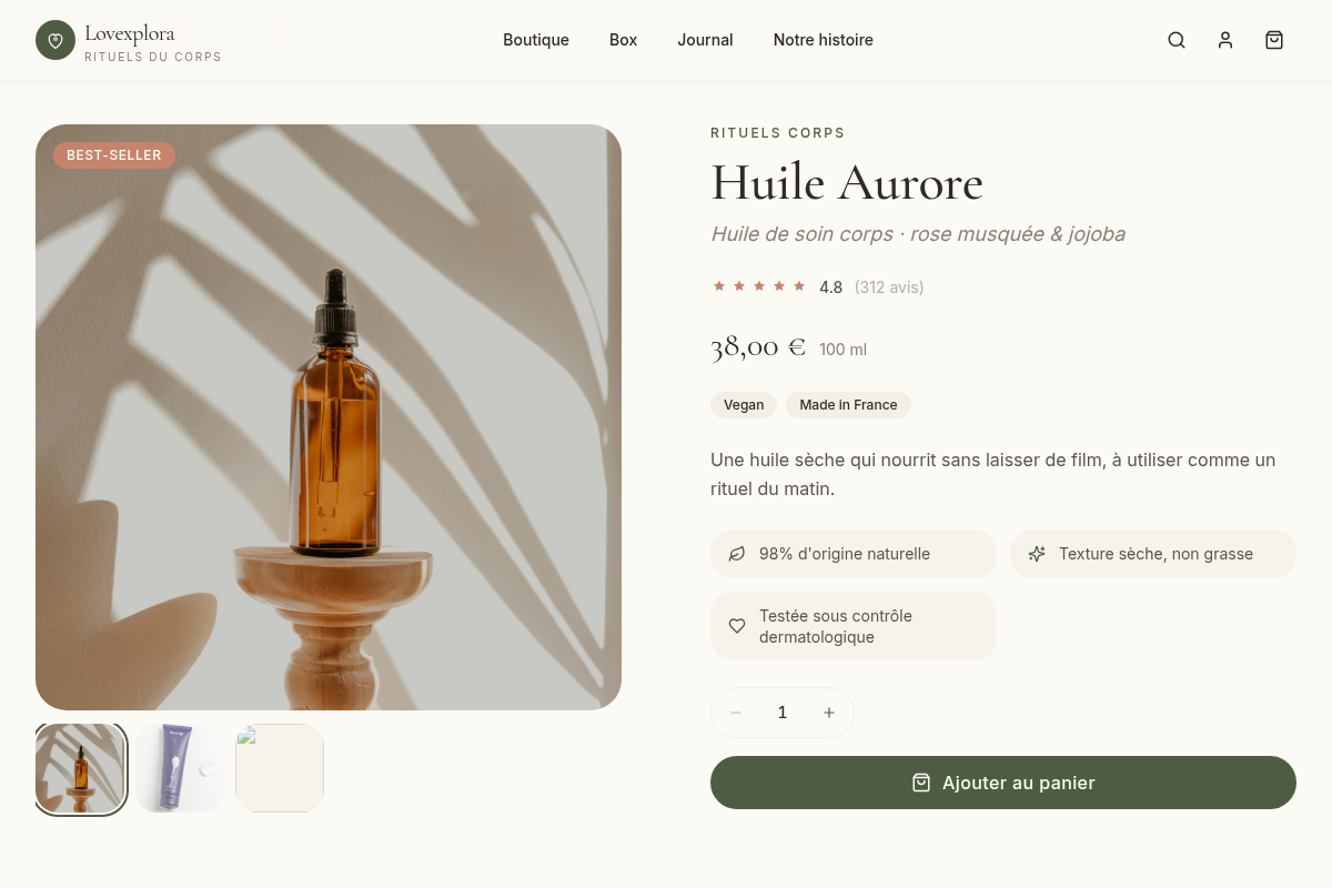 Fiche produit détaillée avec rituel et avis