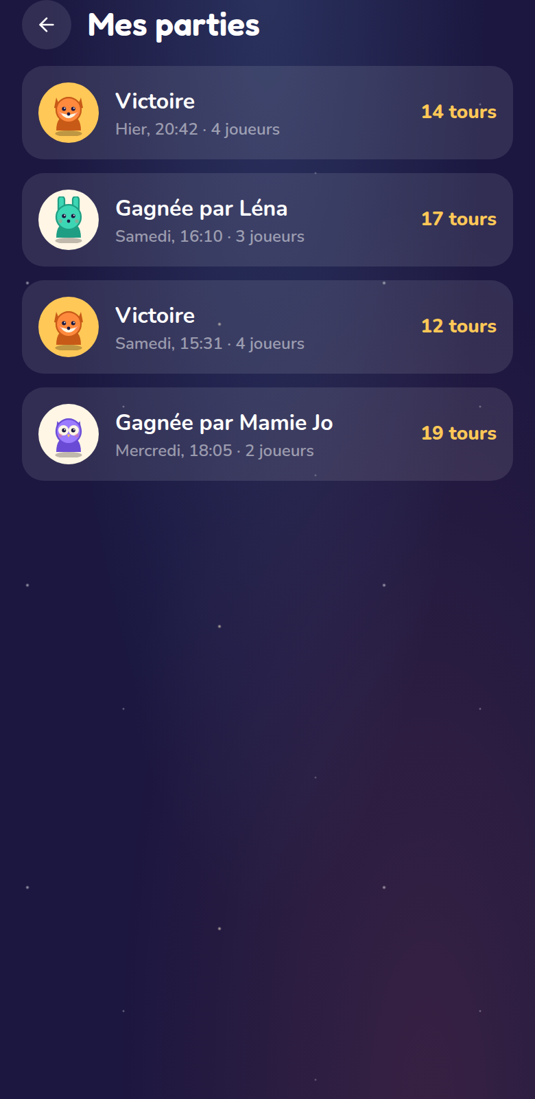 Historique des parties jouées