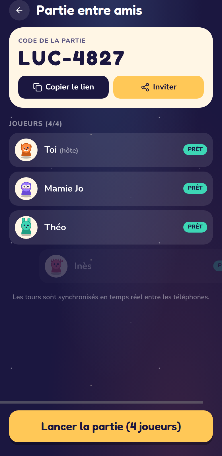 Lobby multijoueur avec code d'invitation