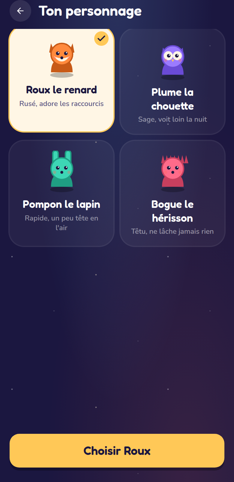 Sélection de l'animal joueur