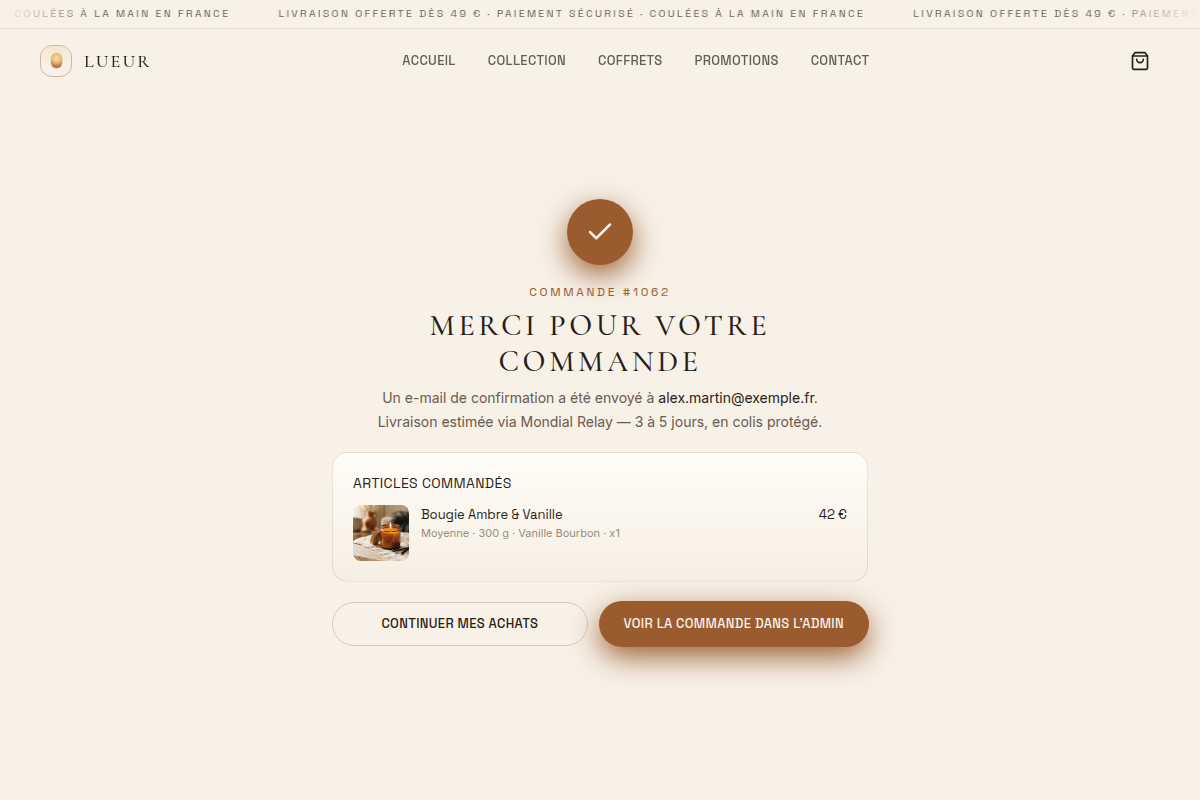 Écran de confirmation après paiement simulé