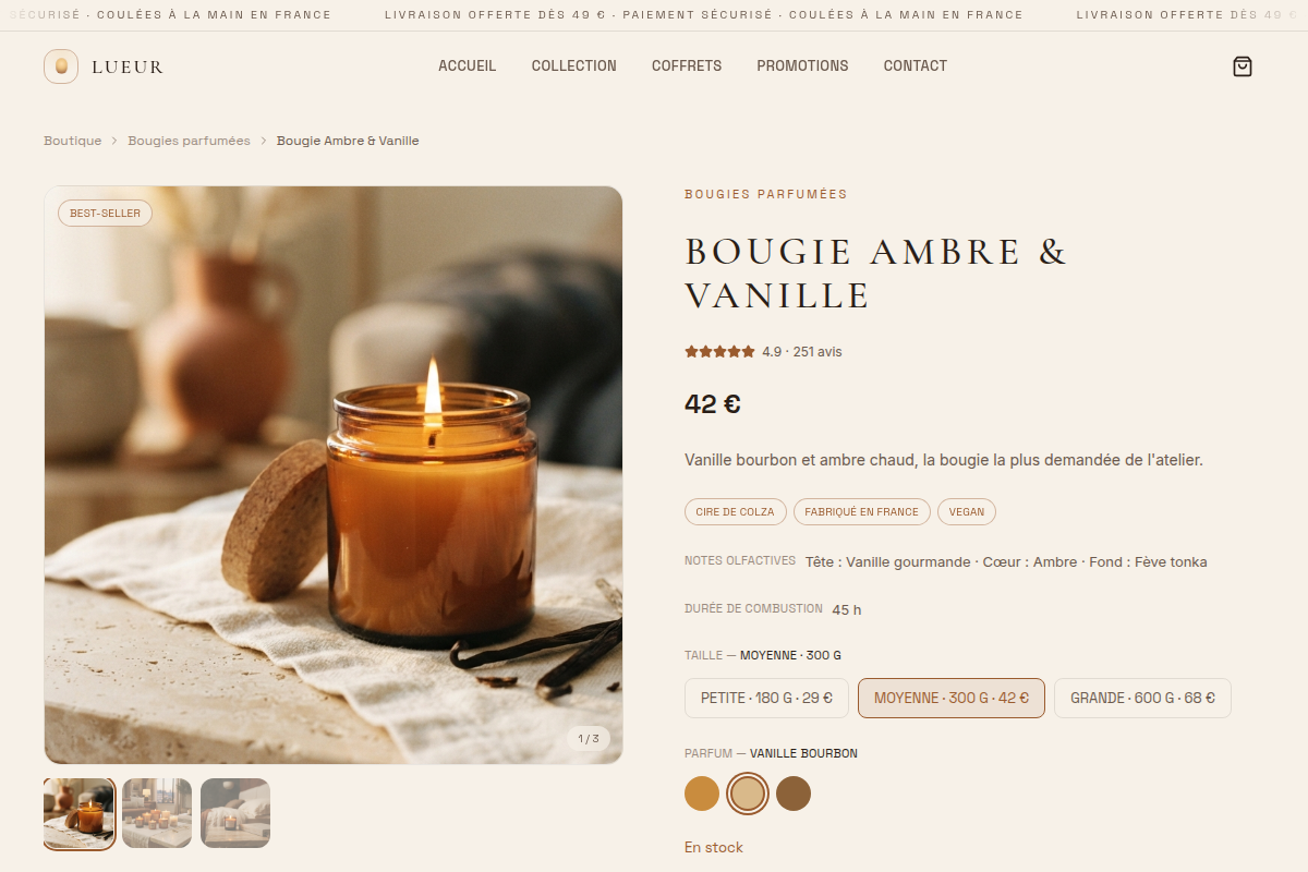 Fiche produit : taille et parfum sélectionnés, stock live