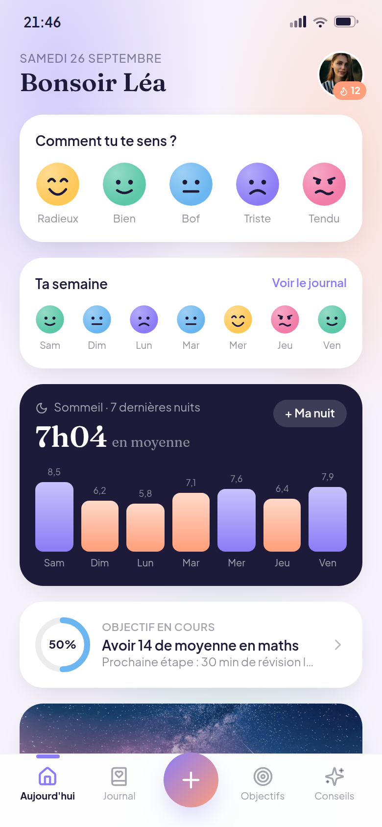 Accueil : humeur, sommeil, objectif du jour