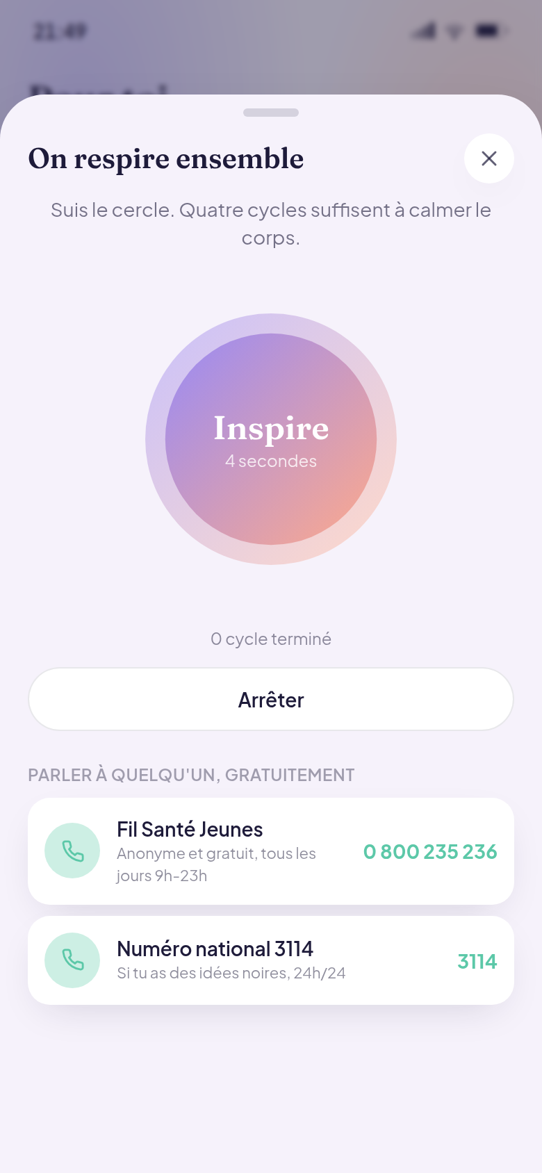 Exercice de respiration guidé, numéros d'aide