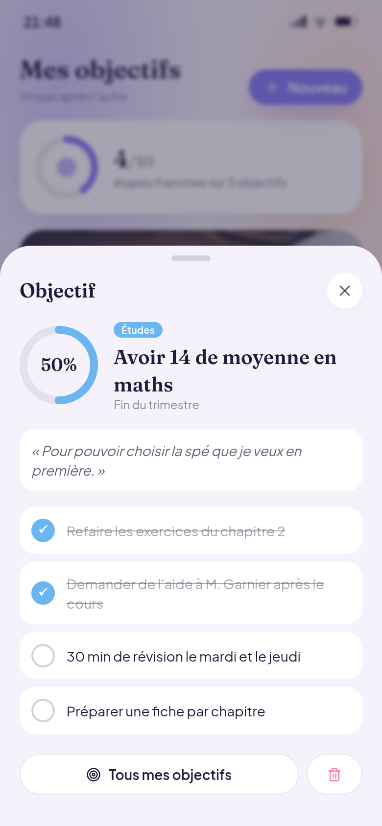 Détail d'un objectif et ses étapes