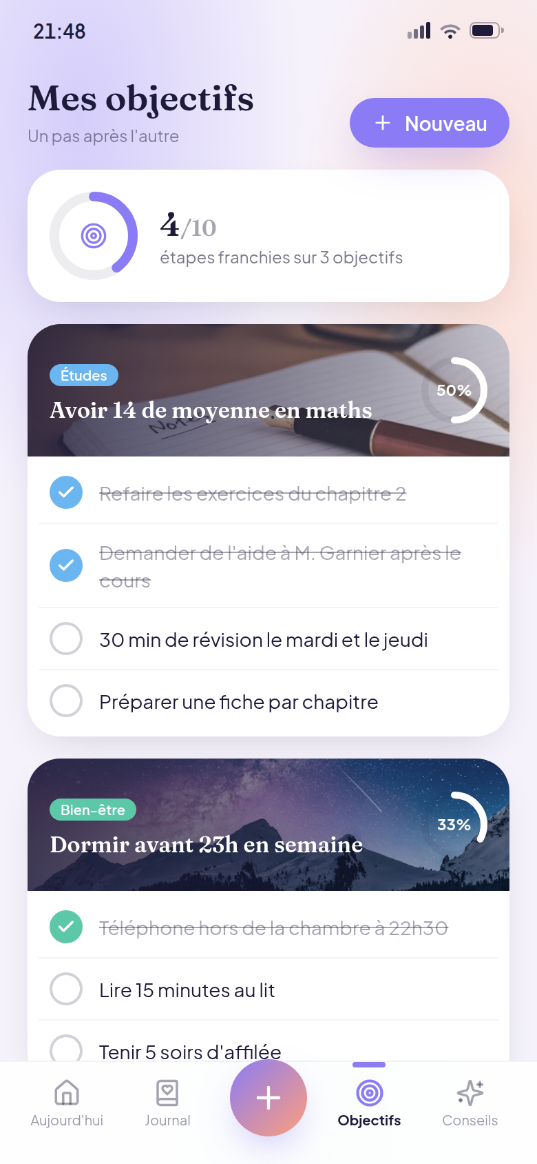Objectifs personnels et étapes à cocher