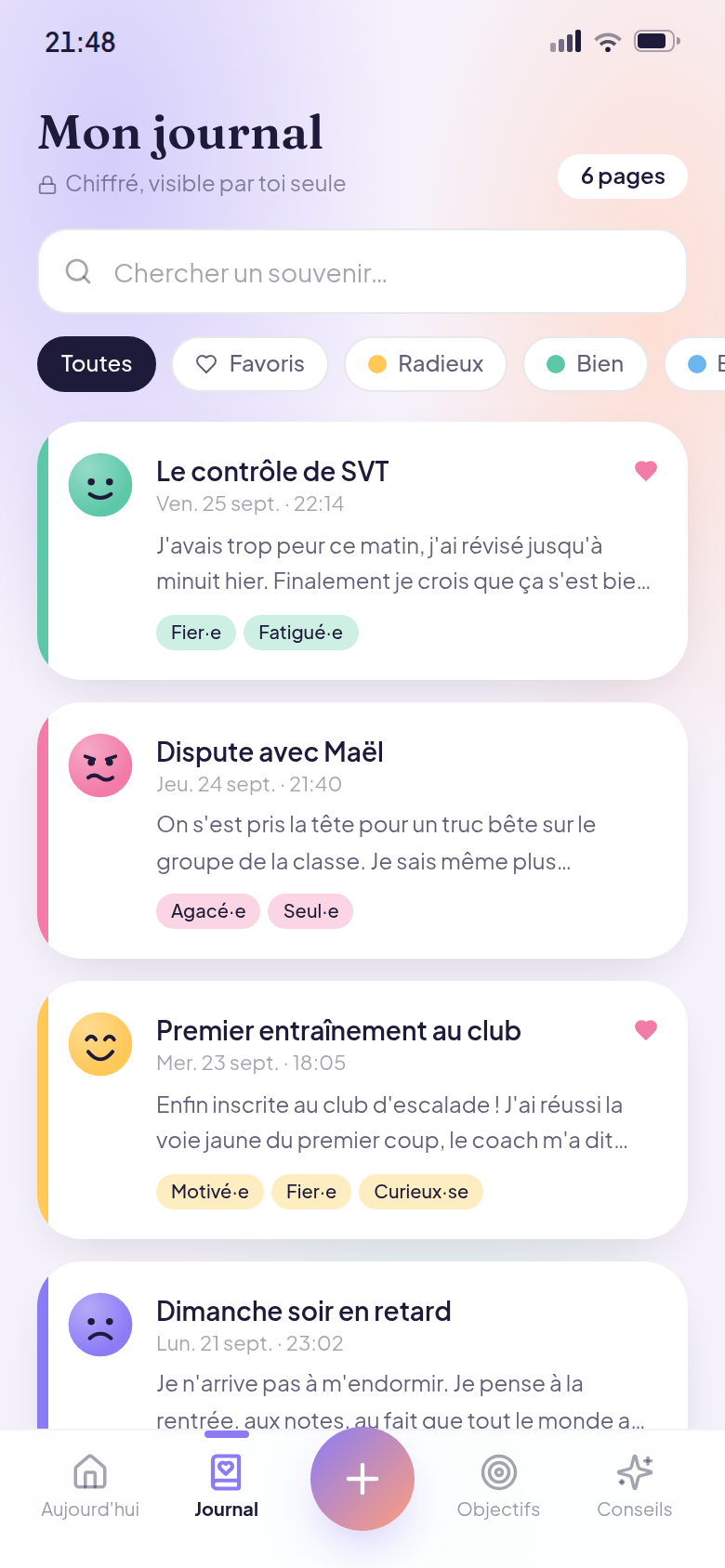 Journal : recherche et filtres par humeur