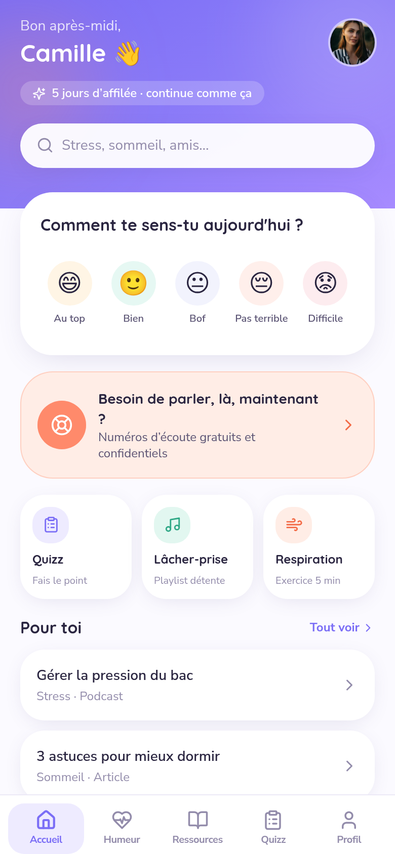 Accueil : check-in émotionnel et raccourcis