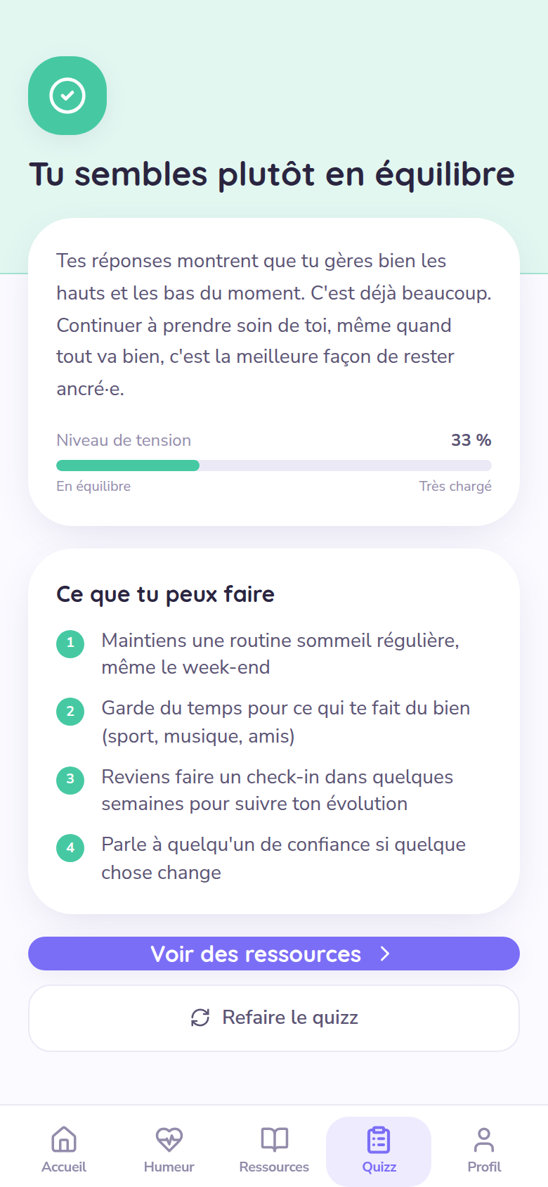 Résultat du quizz et conseils adaptés