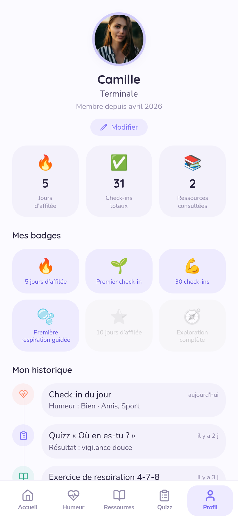 Profil : progrès, badges et historique
