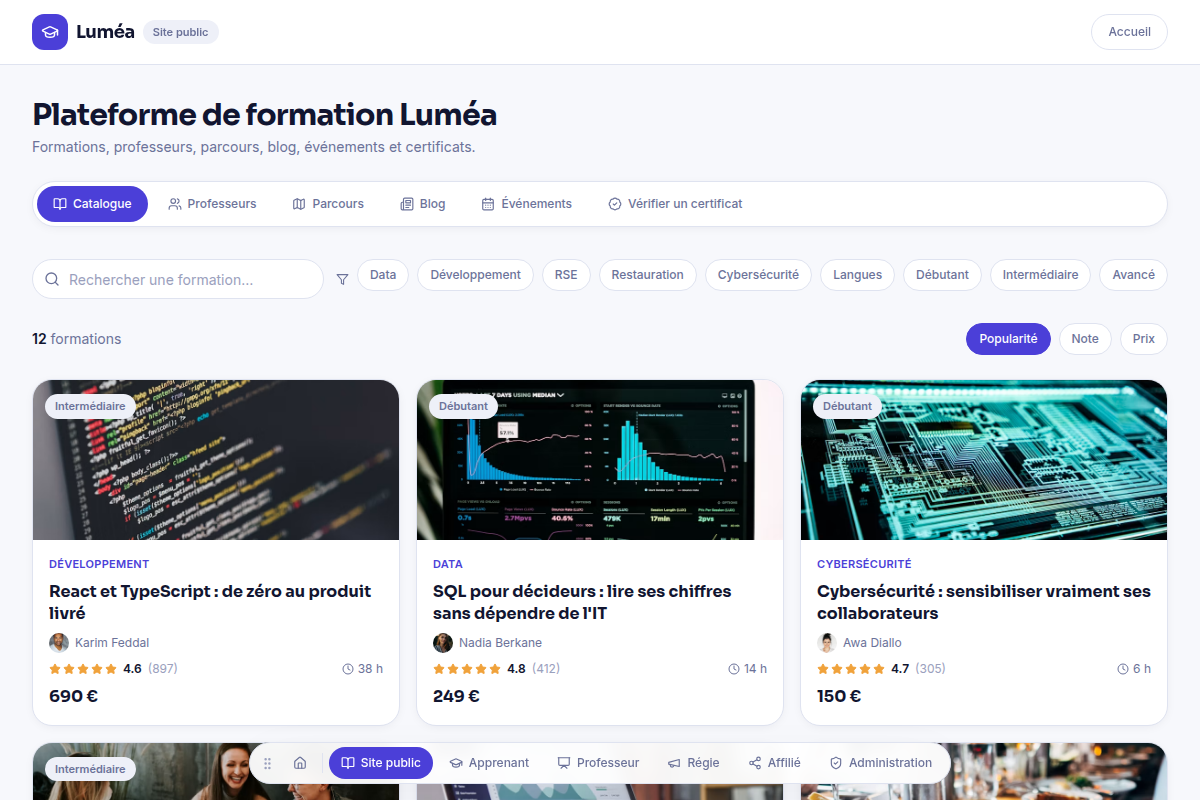 Catalogue public des formations filtrable